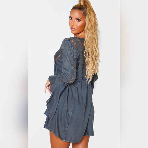PrettyLittleThing Tunic Top Washed Gray Tie Front Frill Sleeve Beach Size 6 - Picture 7 of 10